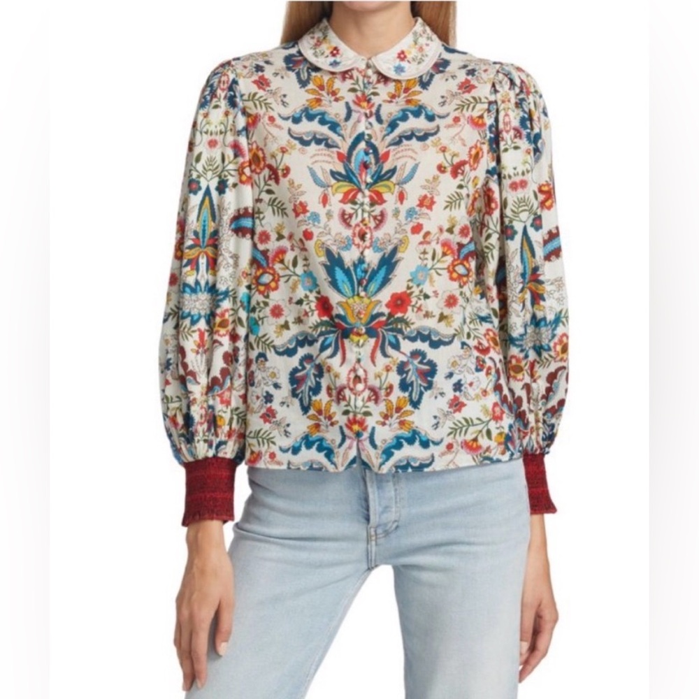 Alice + Olivia April Floral Embroidered Puff Sleeve Button Up Blouse Size XS/TP